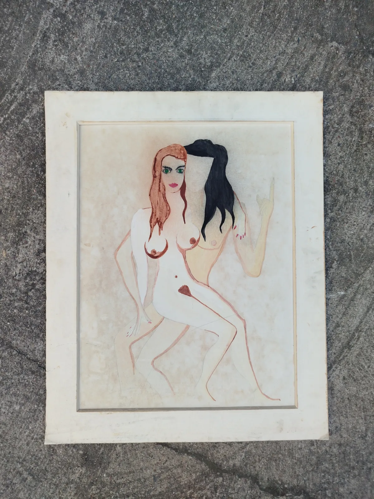 Obraz duży vintage / akwarela-gwasz / akt surrealistyczny Czechy łata 1970-80