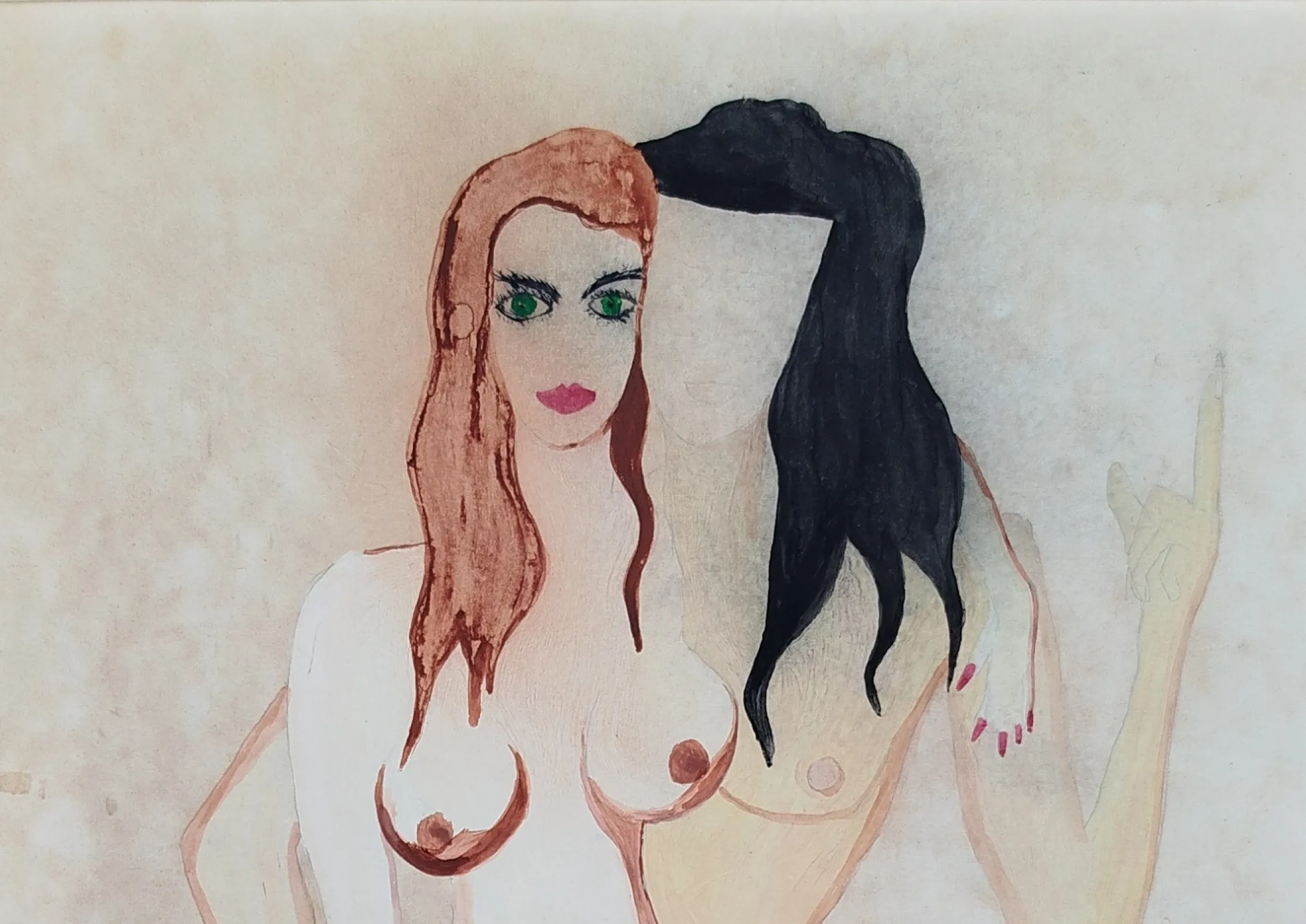 Obraz duży vintage / akwarela-gwasz / akt surrealistyczny Czechy łata 1970-80