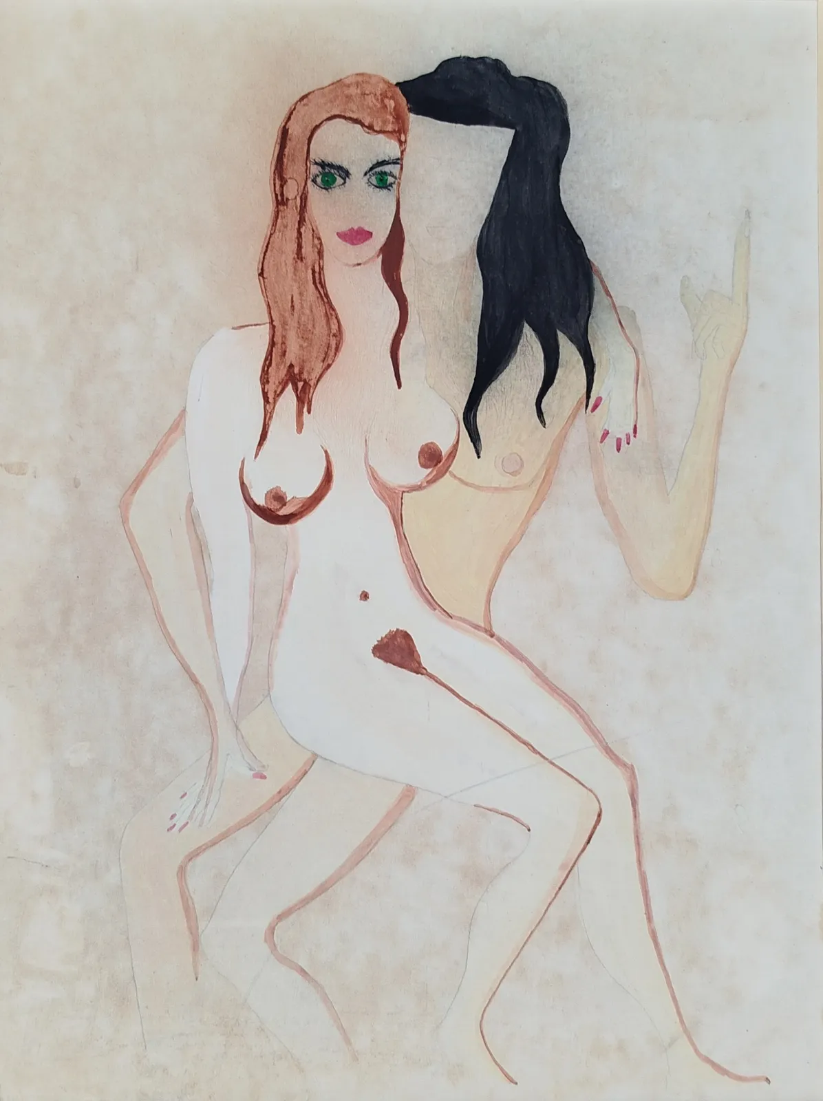 Obraz duży vintage / akwarela-gwasz / akt surrealistyczny Czechy łata 1970-80