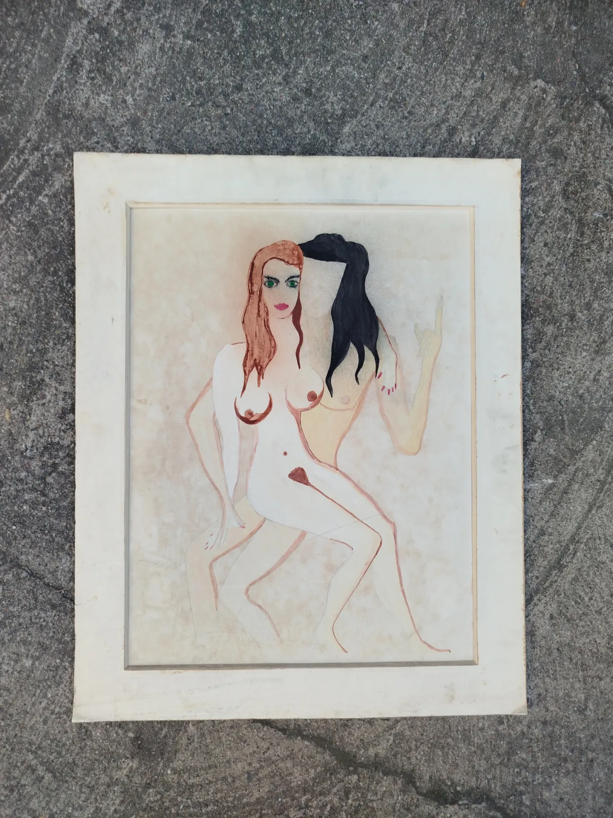 Obraz duży vintage / akwarela-gwasz / akt surrealistyczny Czechy łata 1970-80