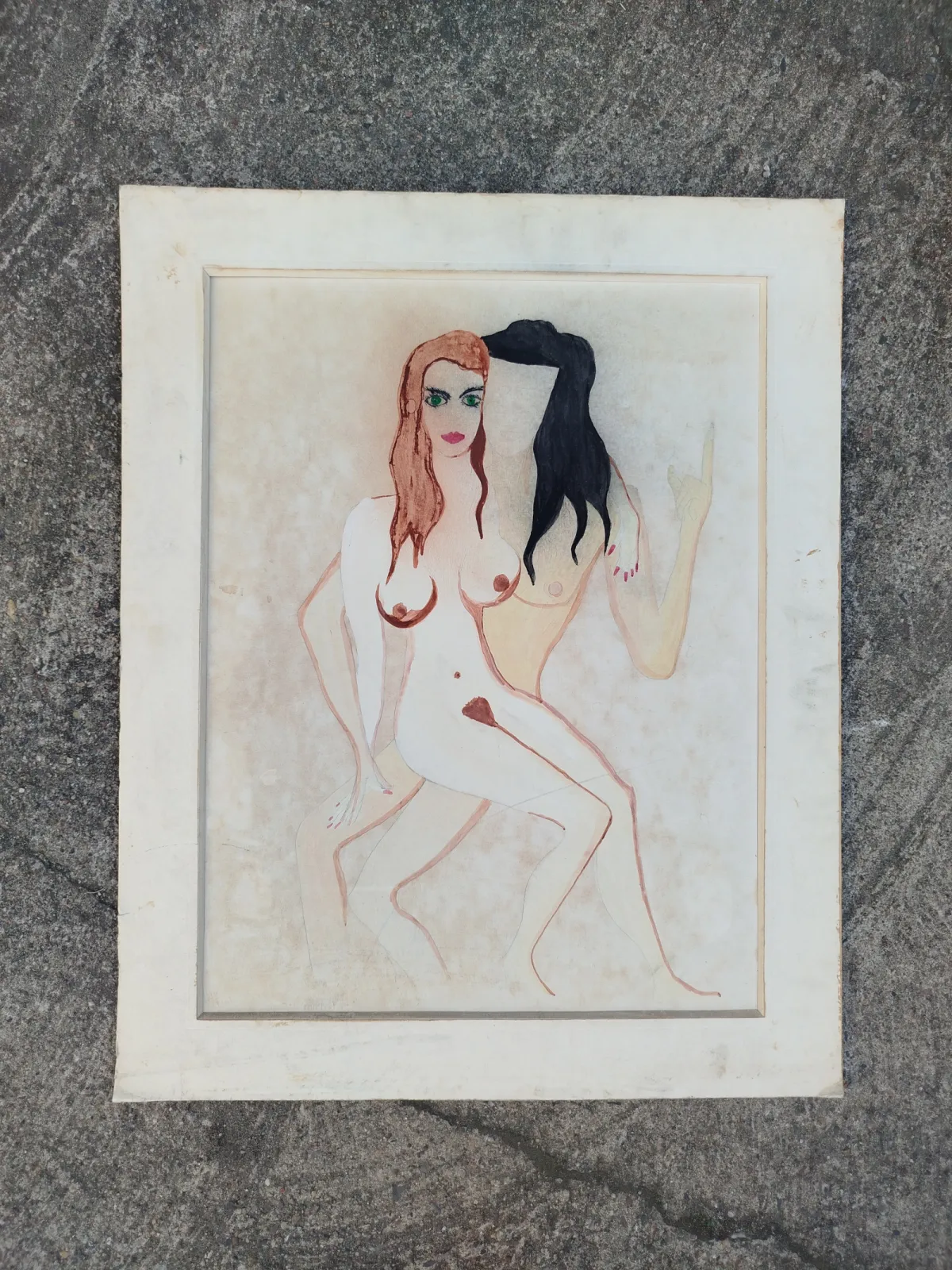 Obraz duży vintage / akwarela-gwasz / akt surrealistyczny Czechy łata 1970-80