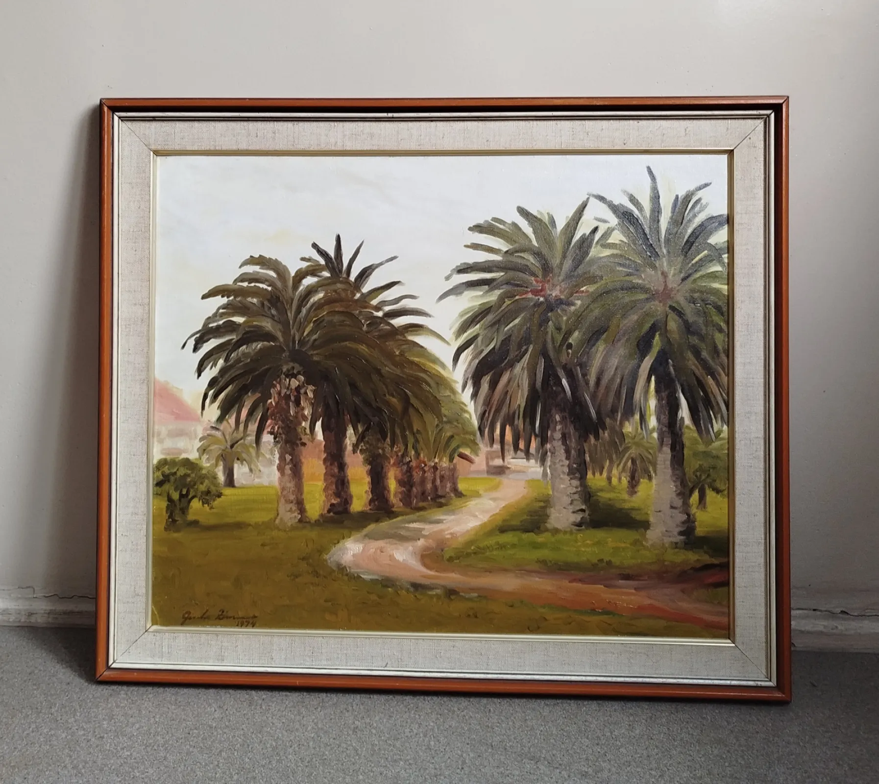 Obraz olejny na płótnie, sygnowany, 1974 r. – „Melb Beach Promenade”, klimat śródziemnomorski, vintage