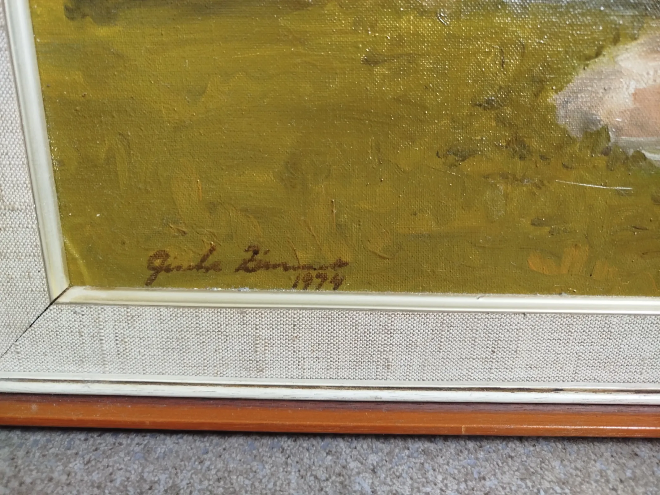 Obraz olejny na płótnie, sygnowany, 1974 r. – „Melb Beach Promenade”, klimat śródziemnomorski, vintage