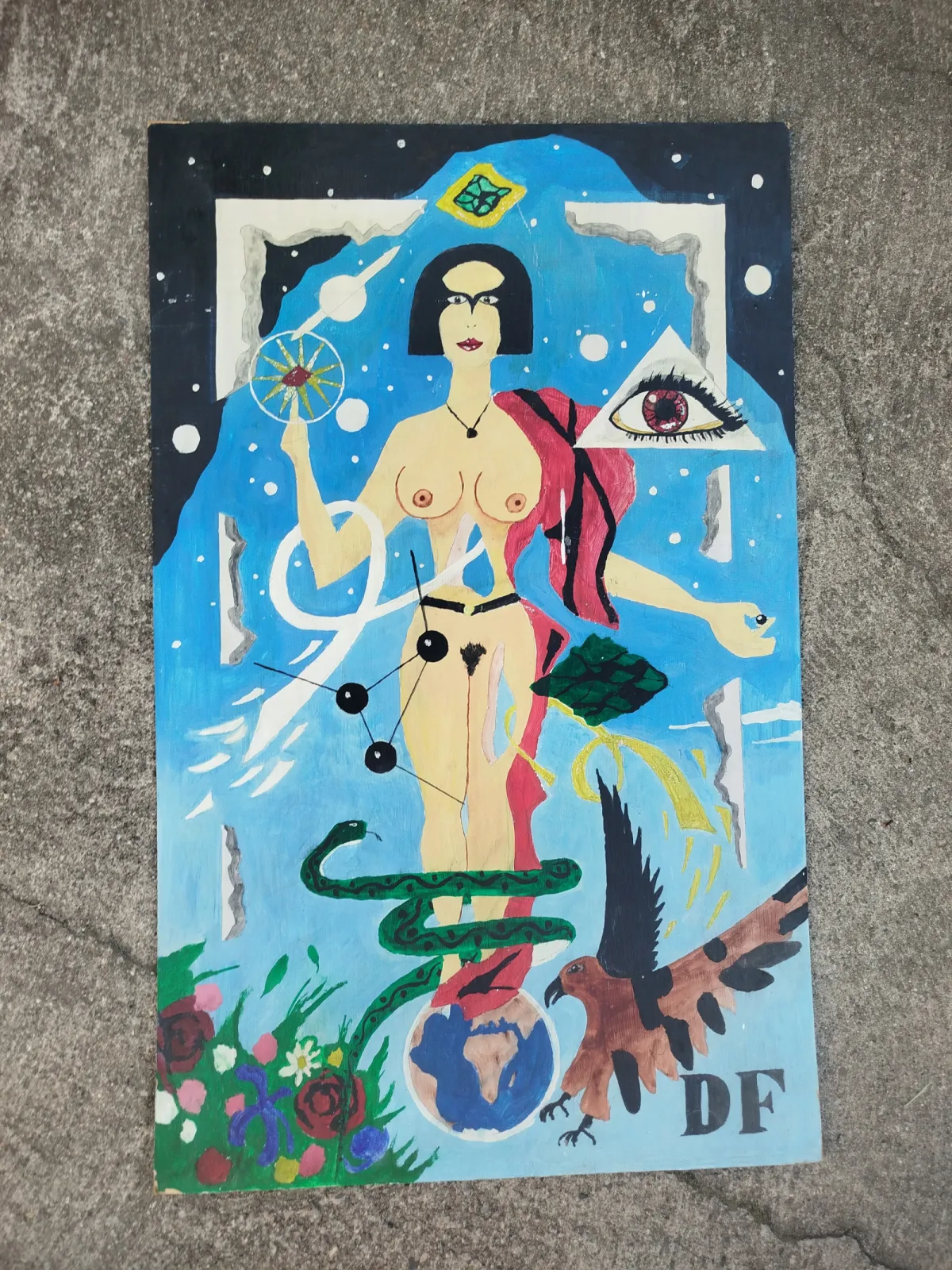 Duży obraz – surrealizm / symbolizm, oryginał, Czechy łata 1970-80