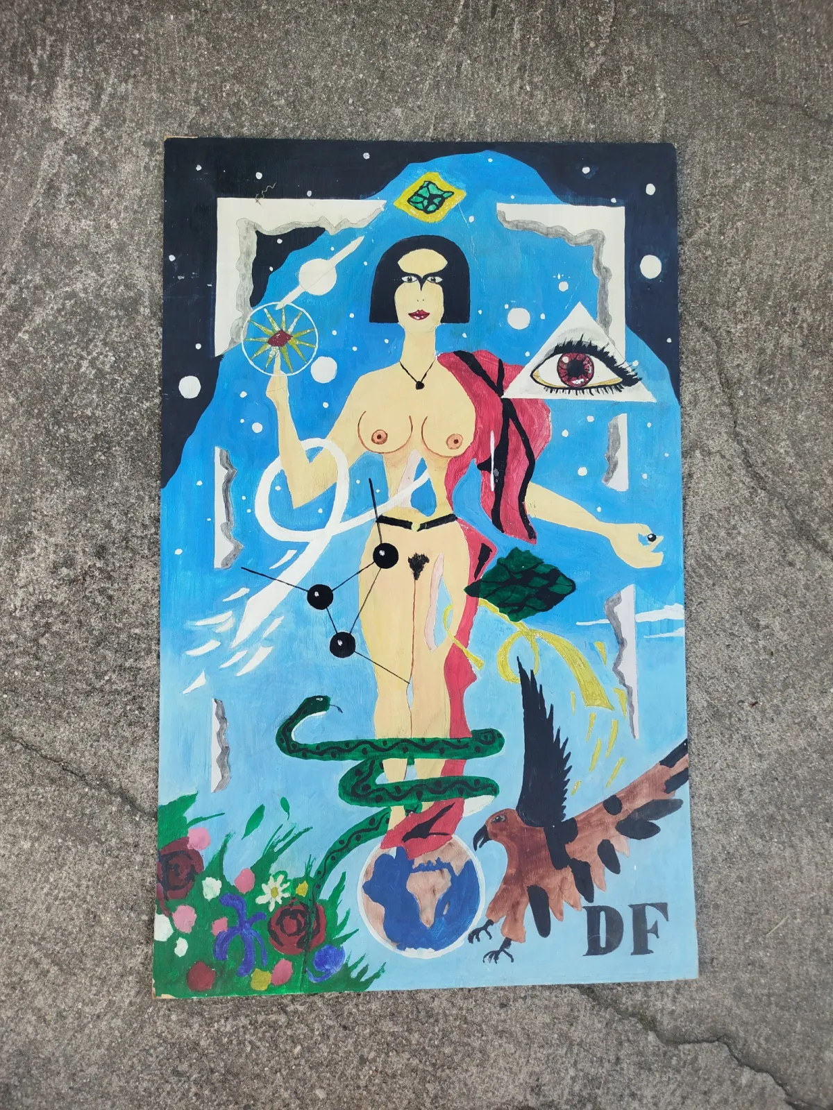 Duży obraz – surrealizm / symbolizm, oryginał, Czechy łata 1970-80