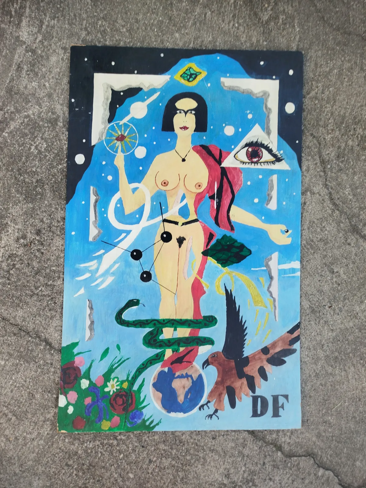 Duży obraz – surrealizm / symbolizm, oryginał, Czechy łata 1970-80