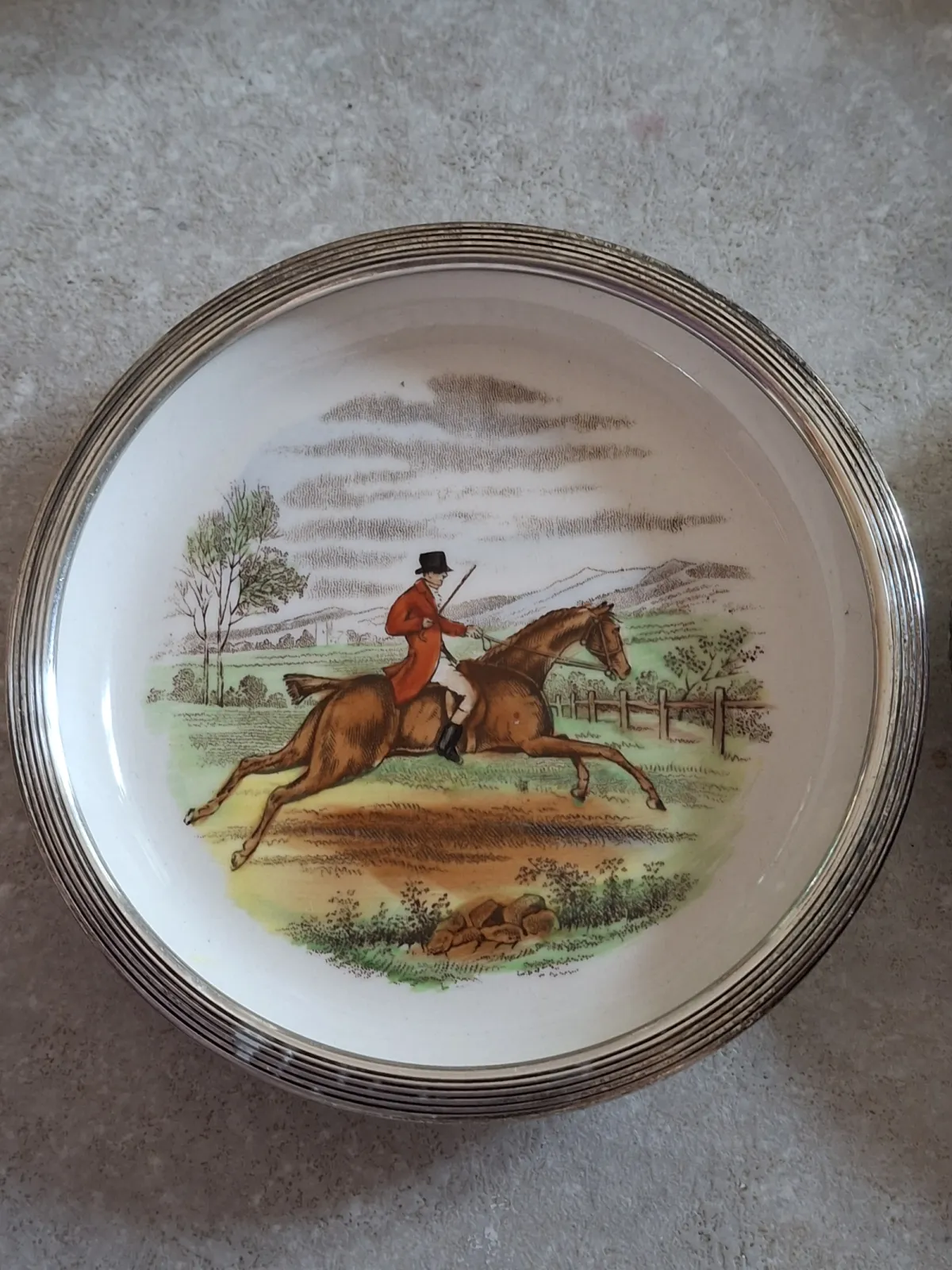 Talerzyki seria Myśliwska porcelana angielska okuta w srebro 925