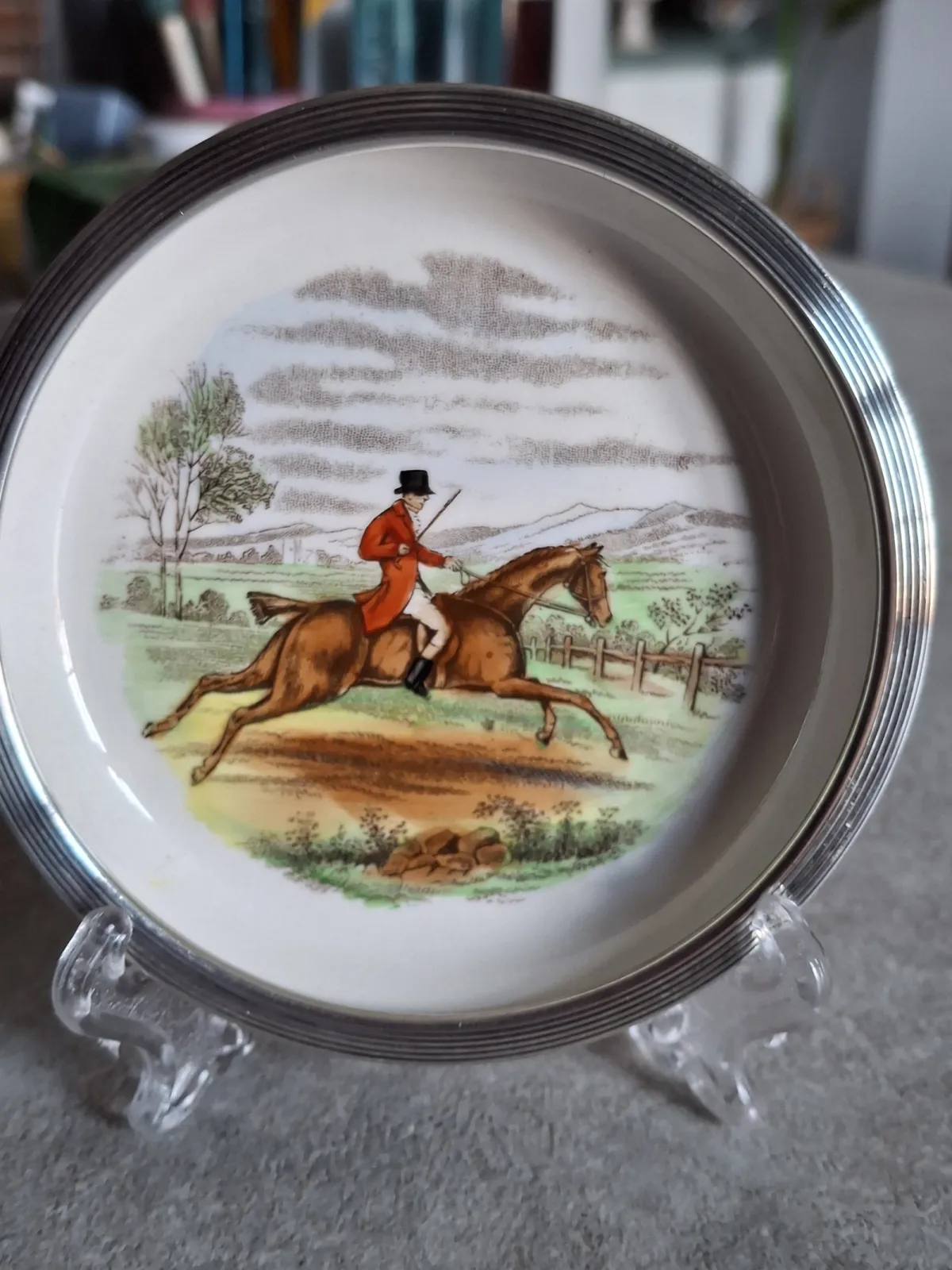 Talerzyki seria Myśliwska porcelana angielska okuta w srebro 925