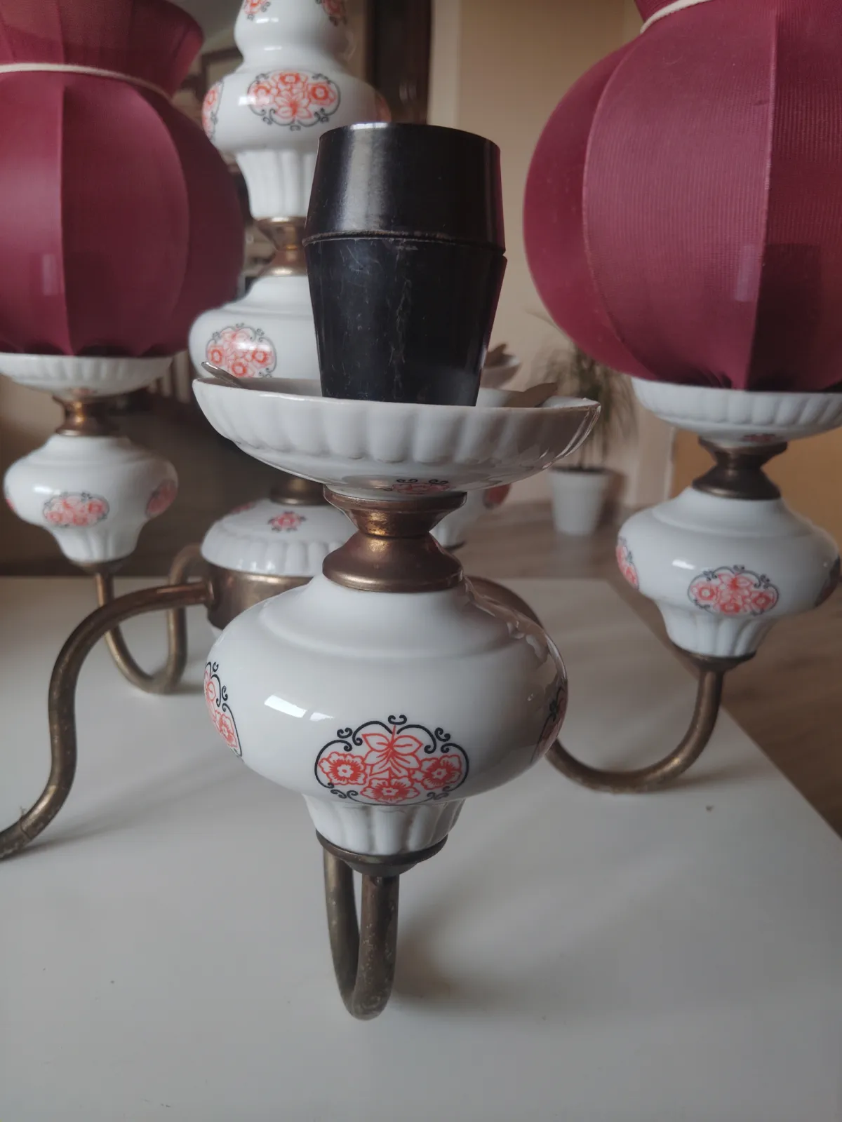 Żyrandol PRL vintage 5 ramion ceramika Made In Poland retro
