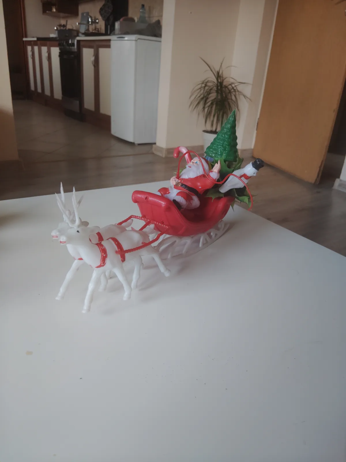 Vintage Mikołaj w saniach z reniferami Unikat