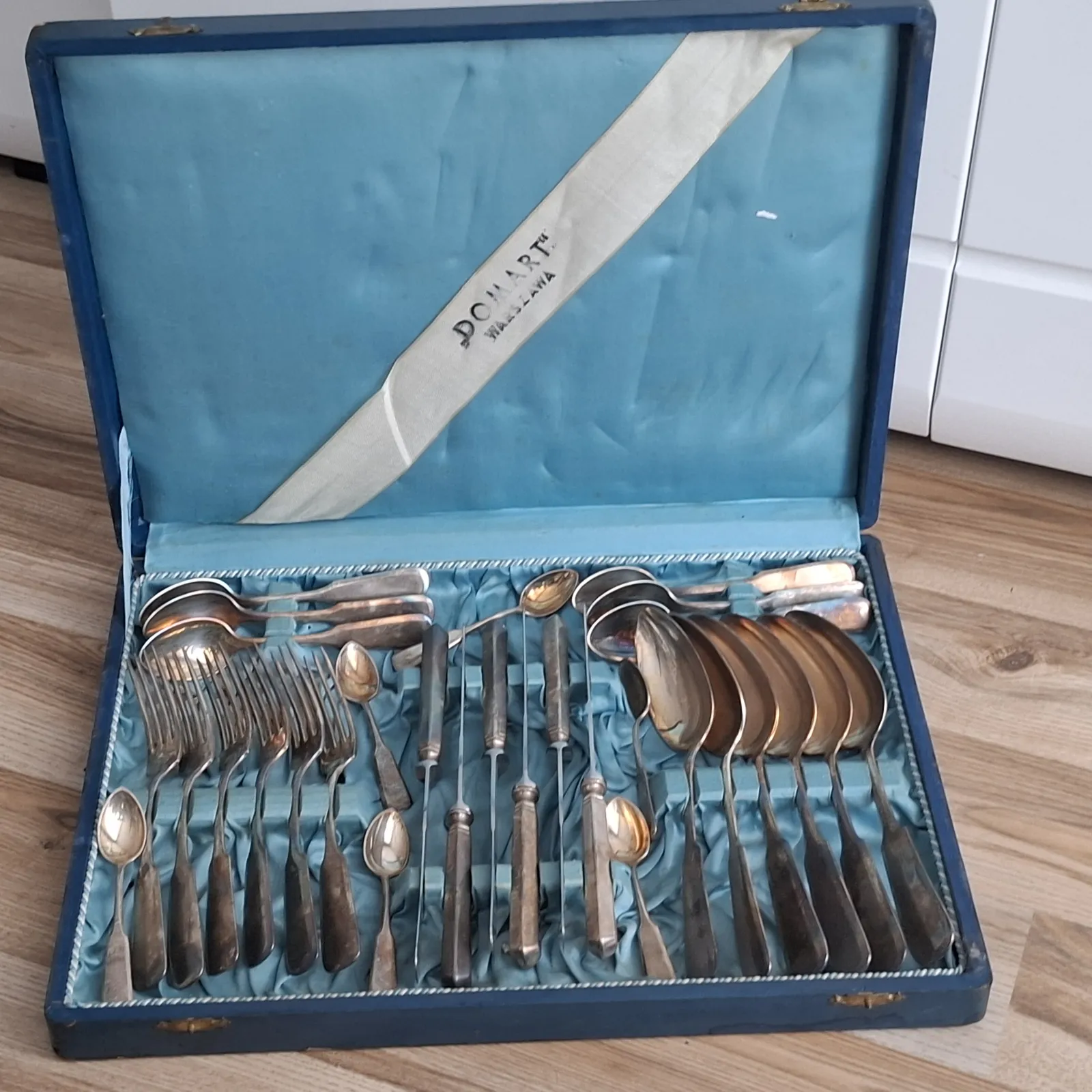Józef Fraget sztućce zabytkowe Art Deco platerowane komplet w walizce t