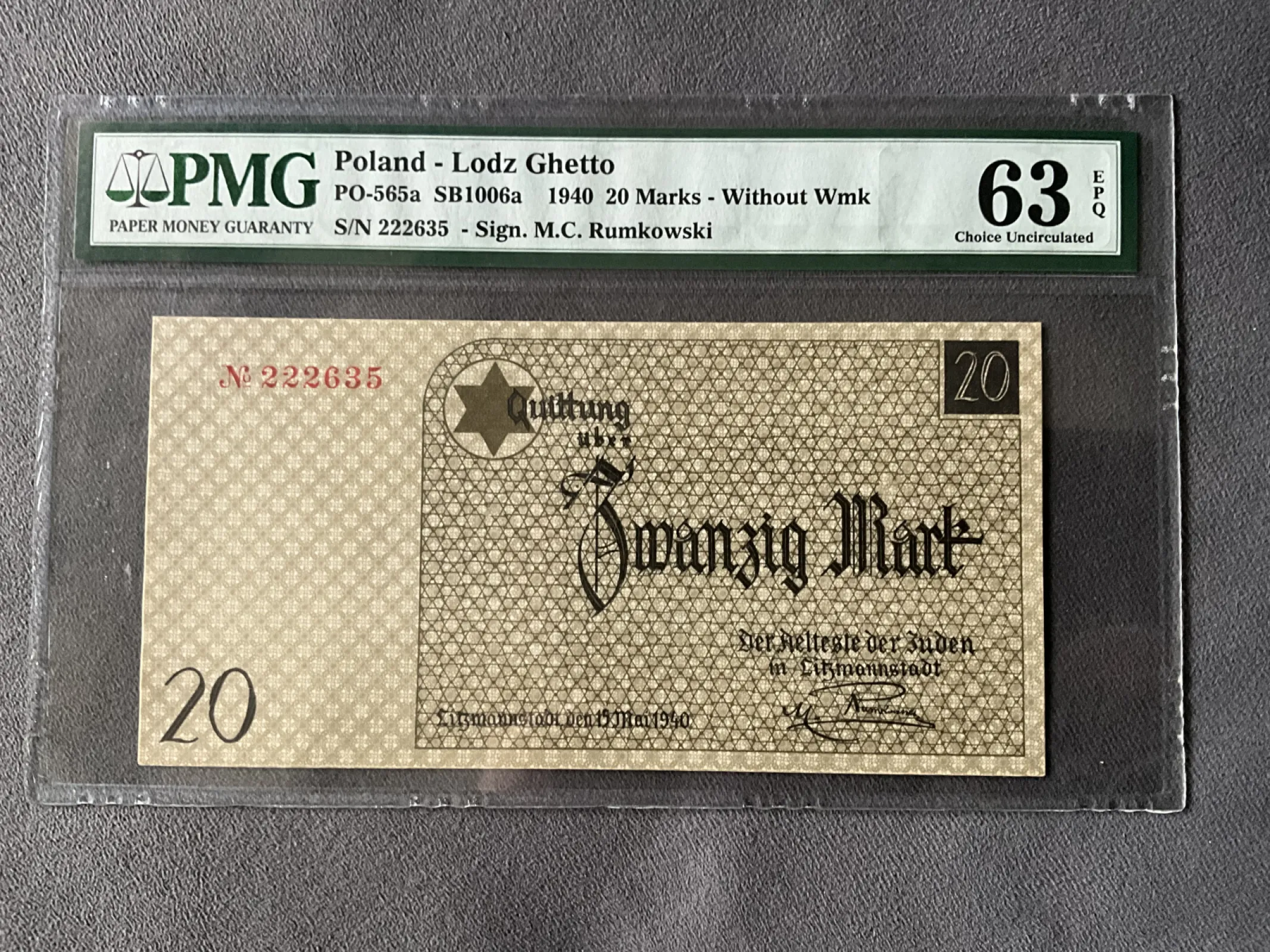 20 Marek, 1940 roku, wysoka nota PMG 63 EPQ